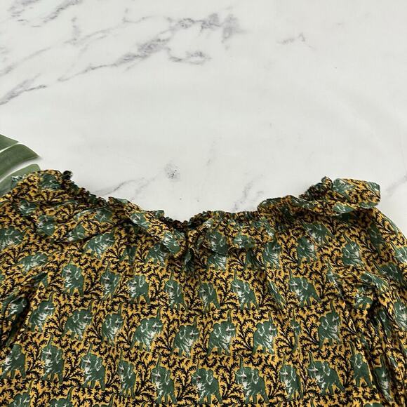 J.Crew Womens Off Shoulder Ratti Top Size M Yellow Green Elephants Ruffle Button - Picture 9 of 12